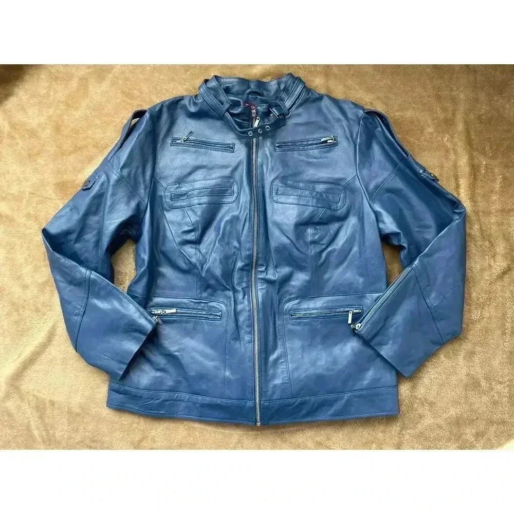 Jessica London Blue Cafe Racer Leather Jacket‎ Women's Size 16